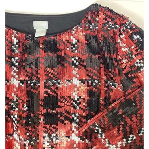New Chico's Sequin Plaid Top Womens Sz 2 Large Red Black 3/4 Flare Sleeve $99